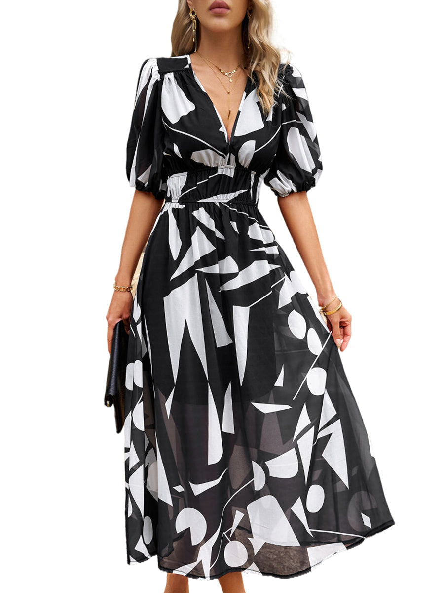 Women's Dresses Temperament Print Waist V Neck Midi Dress