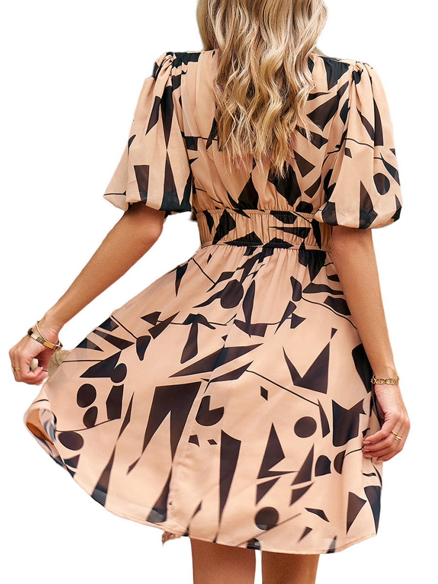 Women's Dresses Print Temperament Waist V Neck Mini Dress