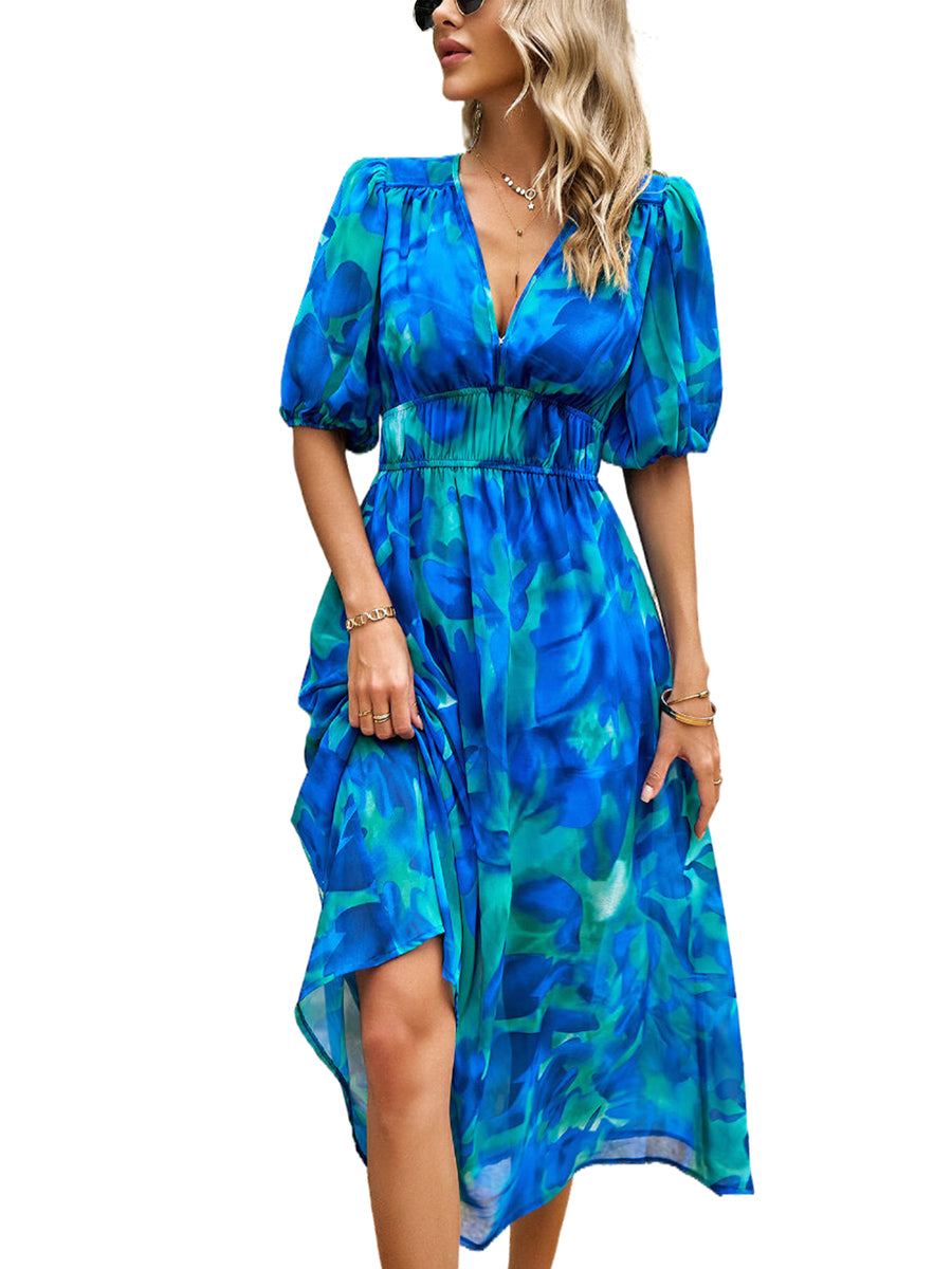 Women's Dresses Temperament Print Waist V Neck Midi Dress
