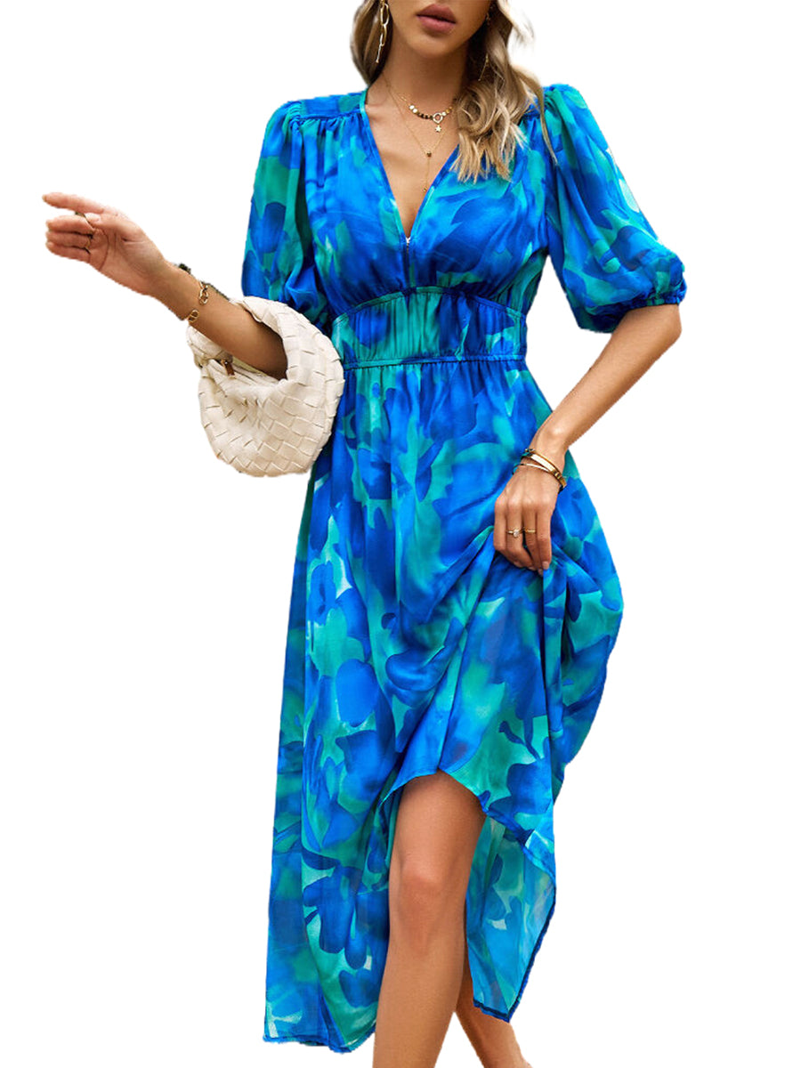 Women's Dresses Temperament Print Waist V Neck Midi Dress