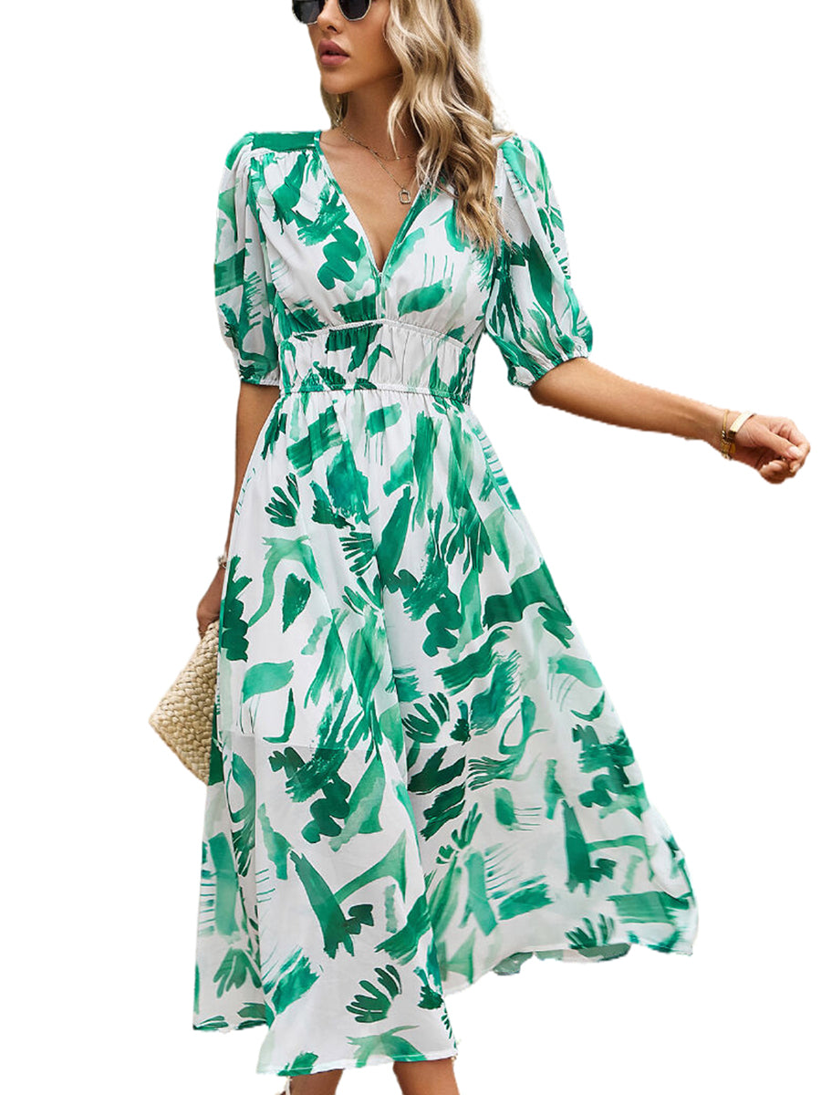 Women's Dresses Temperament Print Waist V Neck Midi Dress