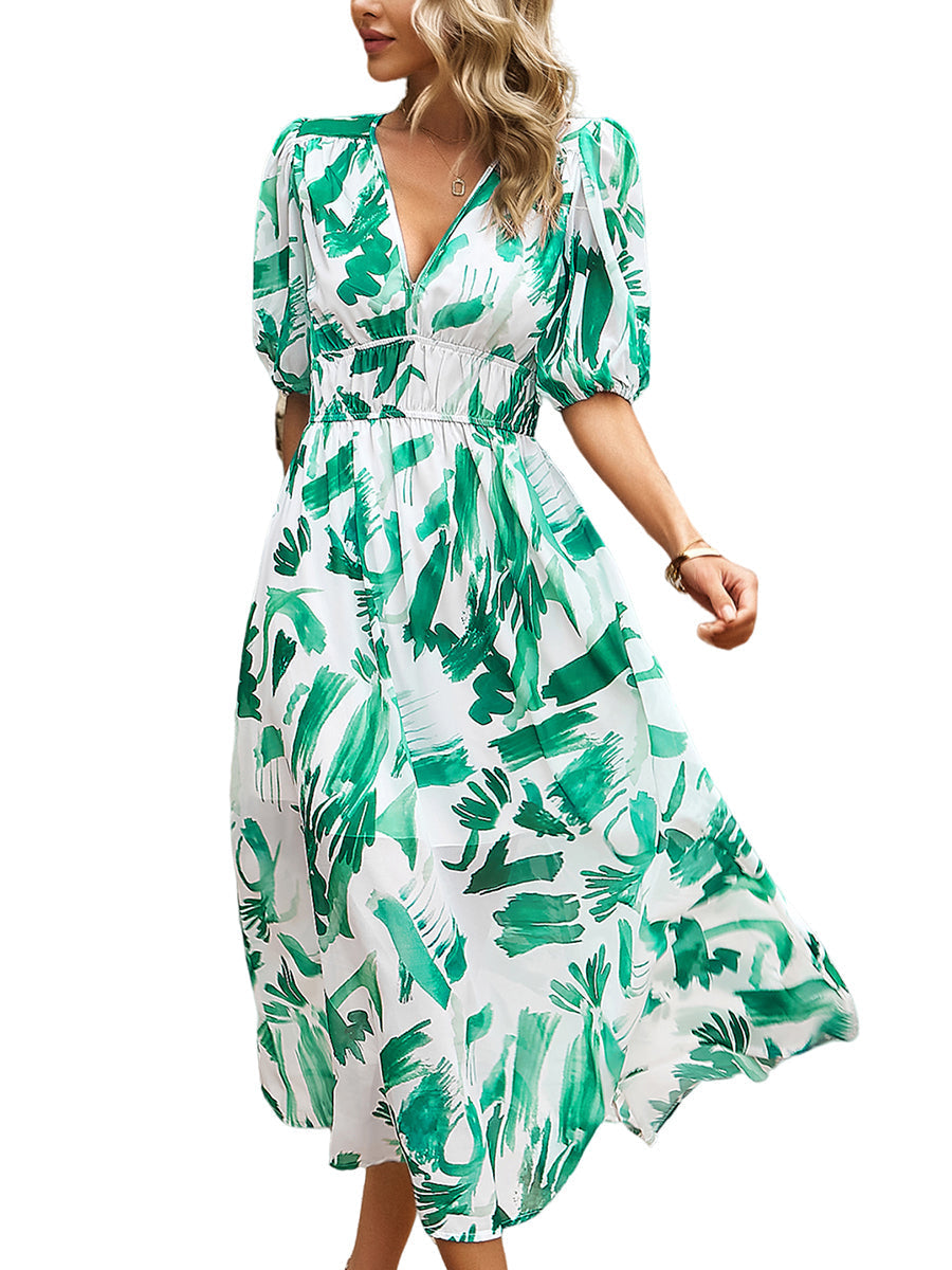 Women's Dresses Temperament Print Waist V Neck Midi Dress