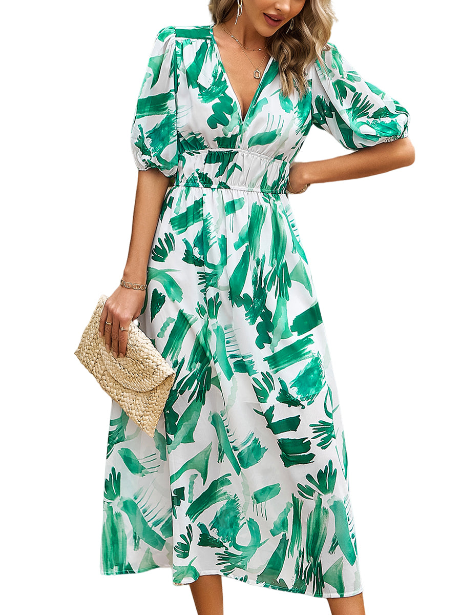 Women's Dresses Temperament Print Waist V Neck Midi Dress