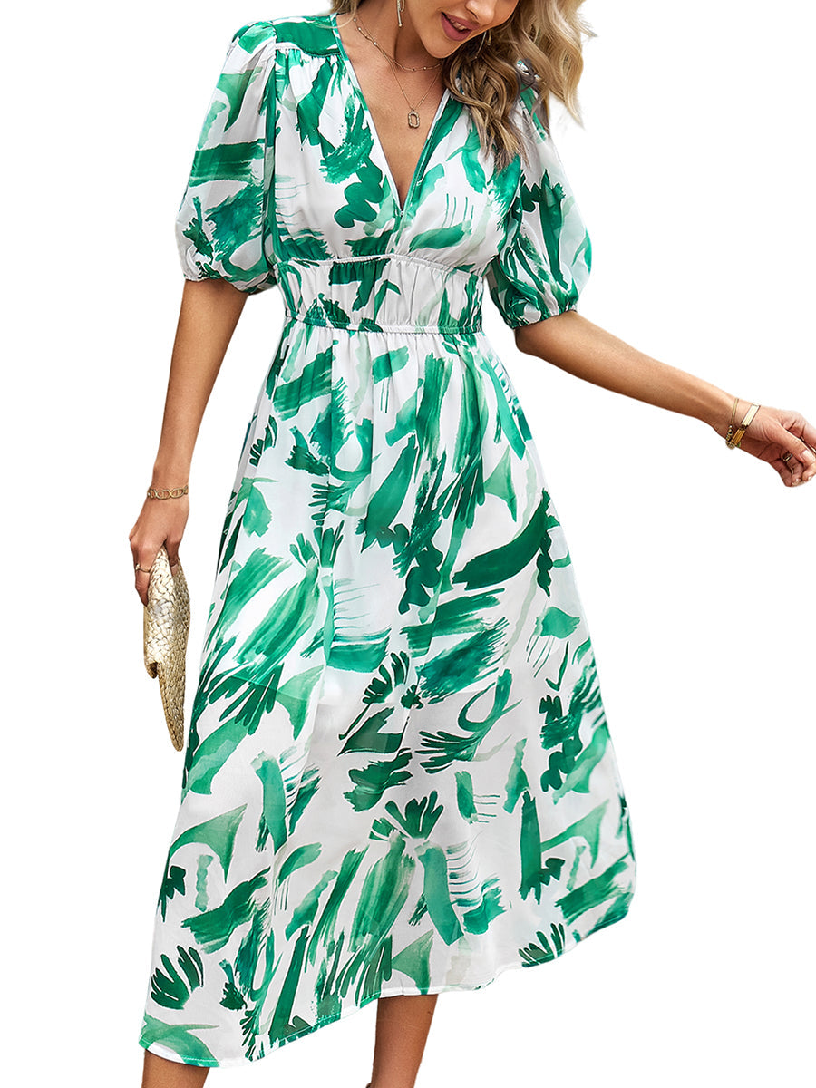 Women's Dresses Temperament Print Waist V Neck Midi Dress