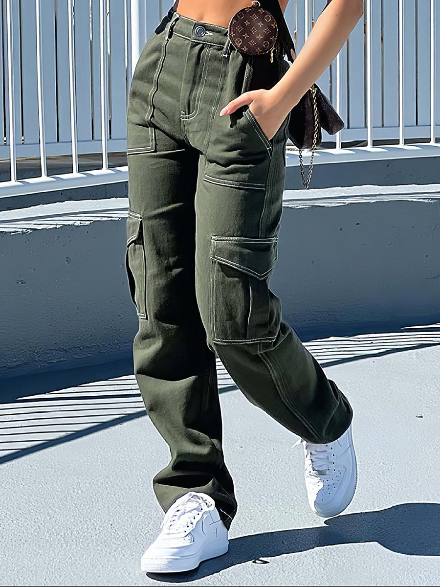 Women's Pants  Fashion Low Waist Straight Multi Pocket Pants