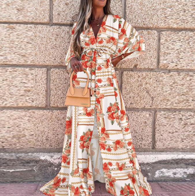 Print Drawstring Bat Maxi Dress
