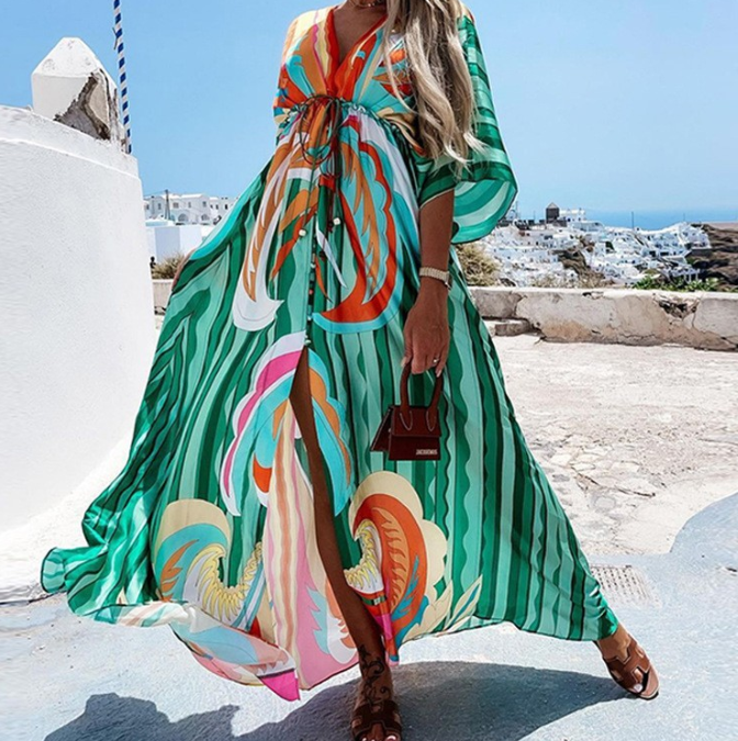 Print Drawstring Bat Maxi Dress