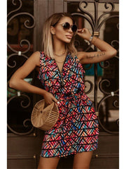 New Fashion Print Short-sleeved Zipper Collar Elastic Waist V-neck Short-sleeved Floral A-line Skirt Midriff Set Head Regular Sleeve Dress Short Dress