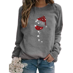 Round Neck Printed Christmas Wine Glass Sweatshirt