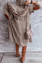 Open Front Knitted Knee Length Hooded Sweater Cardigan