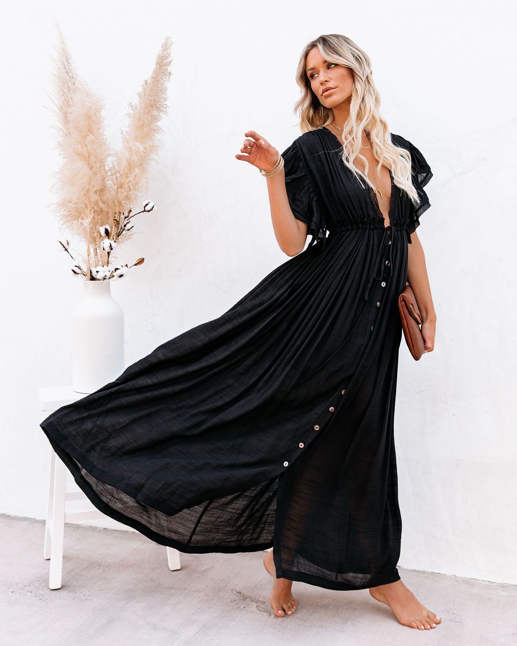 Deep V Neck Button Down Draw String Maxi Dress