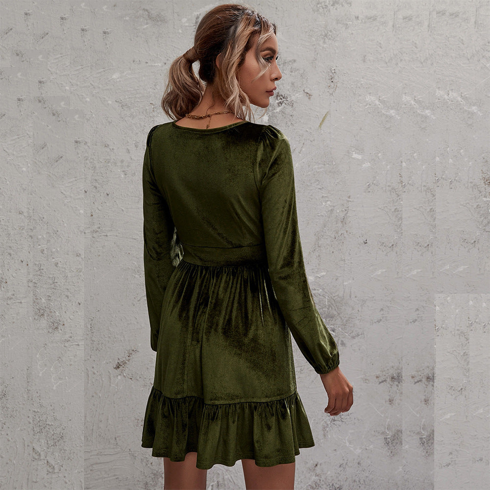 Fashion Deep V-Neck Long Sleeve Flared Mini Dress