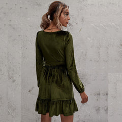Fashion Deep V-Neck Long Sleeve Flared Mini Dress