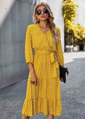 High Waist Dot V Neck Dress