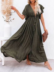 Deep V Neck Button Down Draw String Maxi Dress