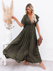 Deep V Neck Button Down Draw String Maxi Dress