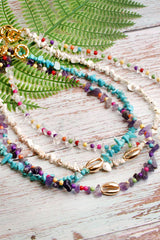 Boho Necklace, Blue Colorful Gold Shell