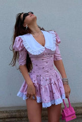 Vintage Mini Dress - Doll Collar, Long Sleeve, Summer Dress Ariyah in Dorothy in Green and Pink