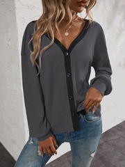 Women's T-Shirts Waffle Button Long Sleeve Cardigan T-Shirt