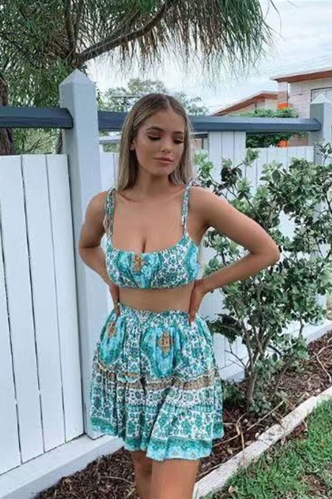 Boho Two Piece Set, Crop Top and Skirt, Oceane Square Mint