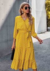 High Waist Dot V Neck Dress