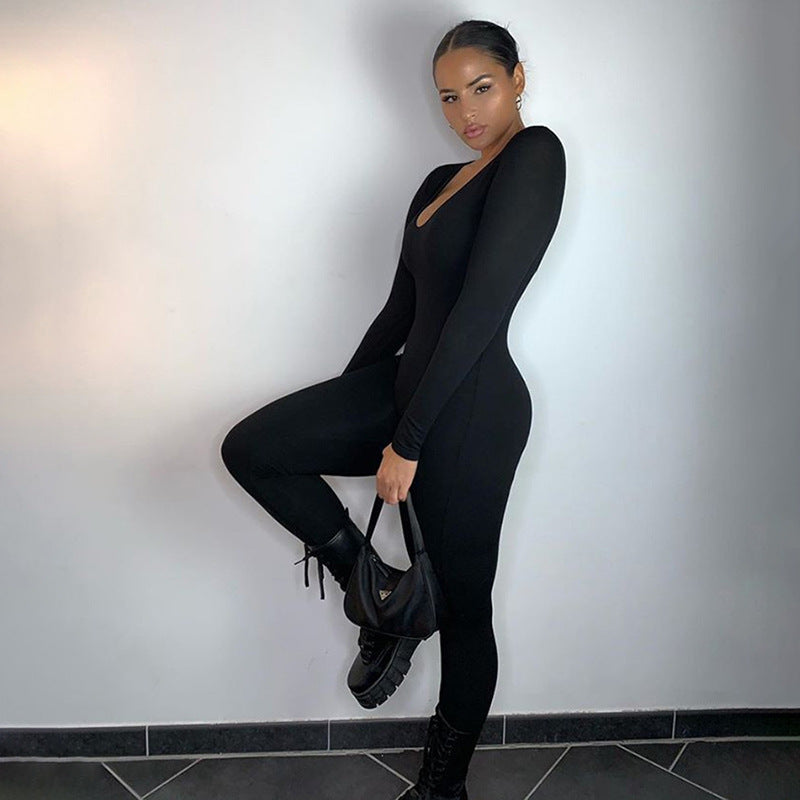 Solid Color Round Neck Long Sleeve Bodycon Jumpsuit
