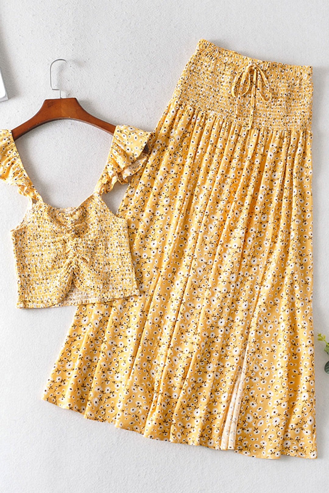 Boho Two Piece Set, Two Piece Pants Set, Wild Floral Daisy Saffron