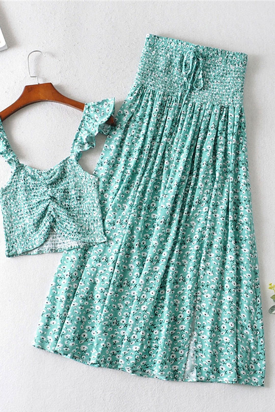 Boho Two Piece Set, Two Piece Pants Set, Wild Floral Daisy Teal Blue