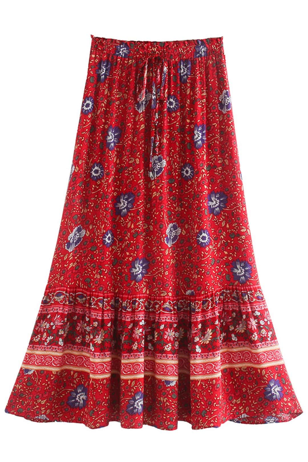 Boho Skirt, Hippie Skirts, Midi Skirt, Wild Flower in Red and Navy