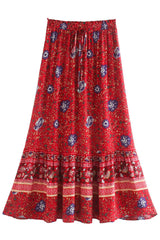 Boho Skirt, Hippie Skirts, Midi Skirt, Wild Flower in Red and Navy