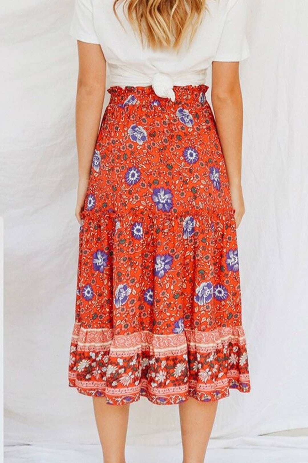 Boho Skirt, Hippie Skirts, Midi Skirt, Wild Flower in Red and Navy
