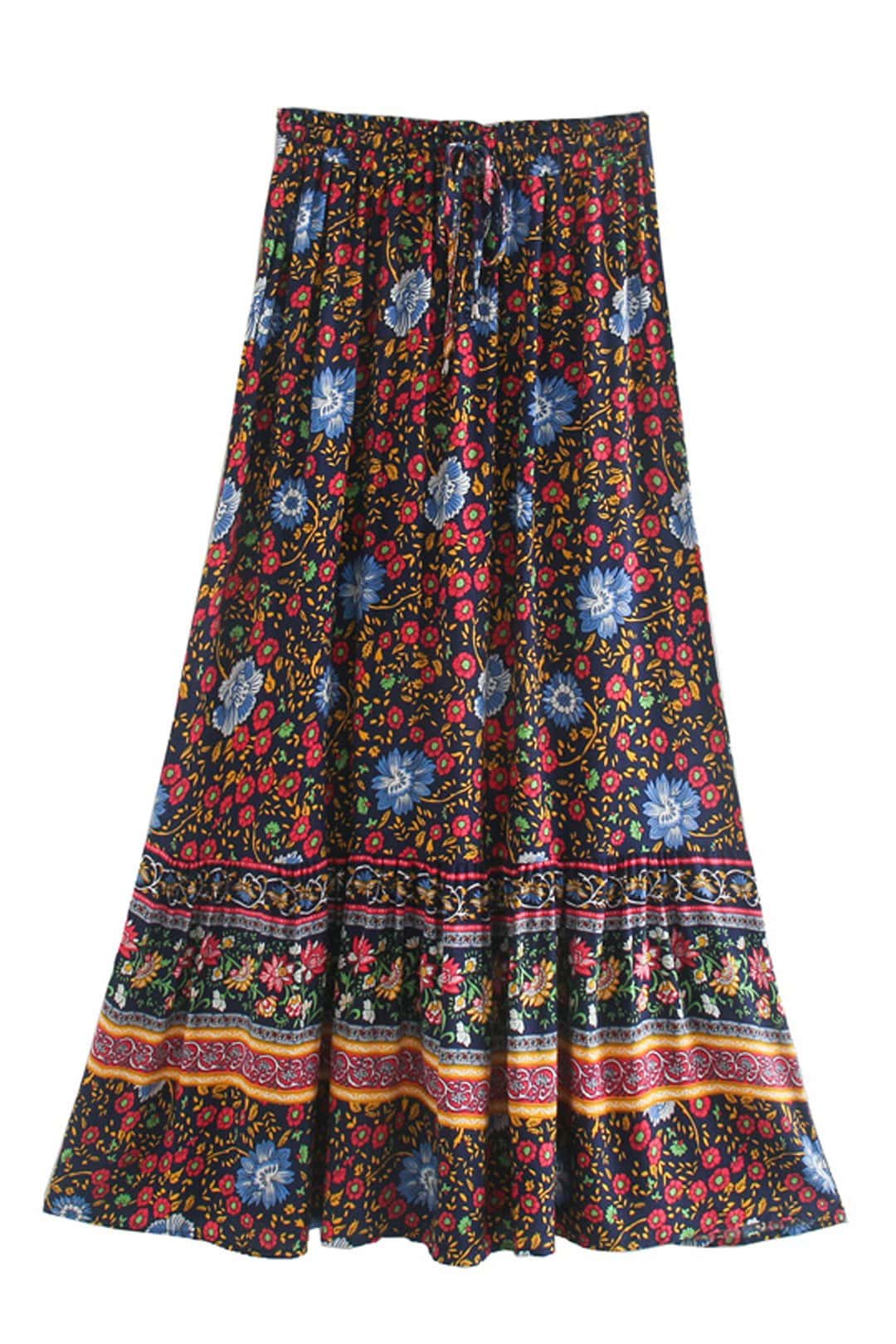 Boho Skirt, Hippie Skirts, Midi Skirt, Wild Flower in Red and Navy