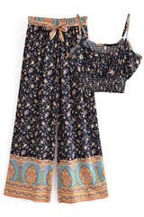 Boho Two Piece Set, Crop Top and  Palazzo Pant, Her Flaming in Black