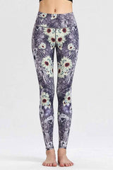 Yoga Legging, Yoga Pants, Boho Legging, Tight with Pocket in Purple Daisy