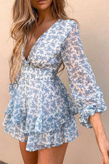 Print V Neck Long Sleeve Romper