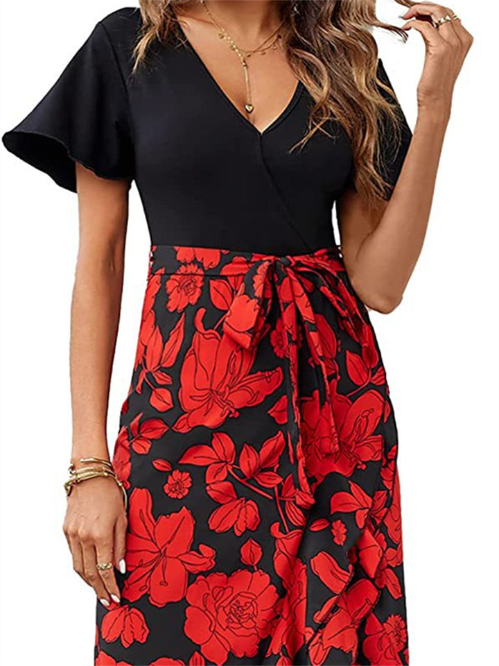 Women's V-neck High Waist Splicing Hem Irregular Open Short-sleeved Back Zipper Paragraph Printed Casual Wind Mid-length Dress Dress