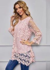 Cut Out Lace Round Neck Casual Shirt