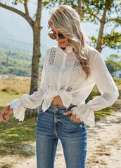 Cut Out Solid Color Long Sleeve Blouse