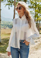 Cut Out Solid Color Long Sleeve Blouse