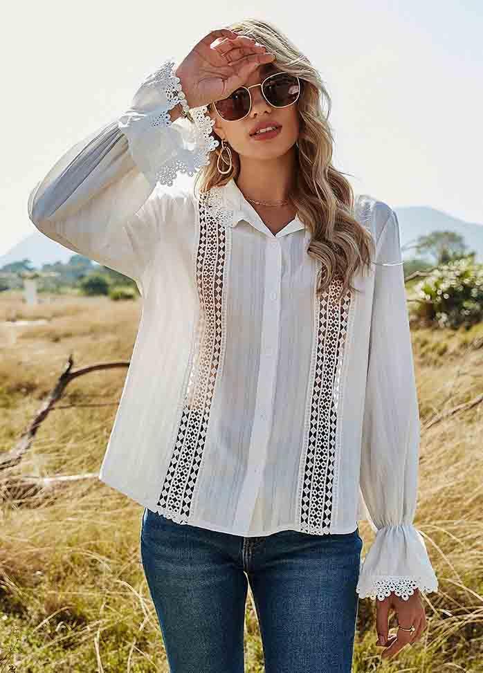 Cut Out Solid Color Long Sleeve Blouse