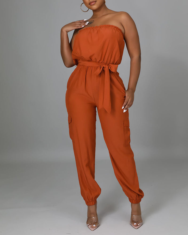 Solid Belted Flap Pocket Frill Trim Strapless Jumpsuit