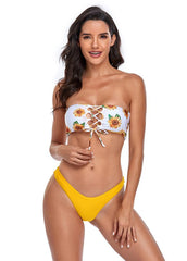 Lacing Strapless Printed Bikini Set