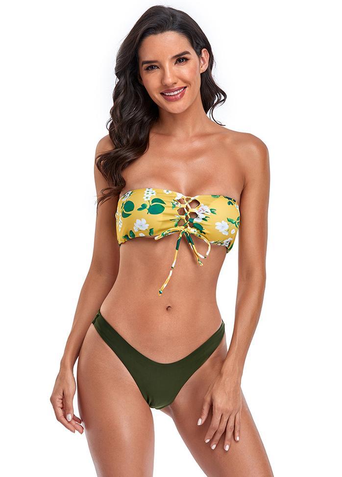 Lacing Strapless Printed Bikini Set