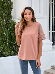 Women's Round Neck Lace Shirt Chiffon Shirt Women's Tops Solid Color Short Sleeve White Pink Green Black Blue S M L XL 2XL