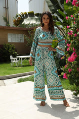 Boho Two Piece Set, Off Shoulder Crop Top and  Pant, Wild Boho Square Green Mint