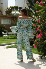 Boho Two Piece Set, Off Shoulder Crop Top and  Pant, Wild Boho Square Green Mint