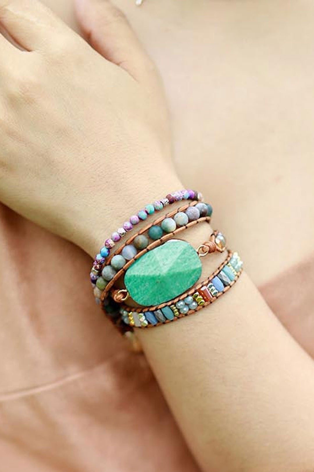 Boho Bracelet, 3 Layers Leather Wrap Bracelet, Natural Blue Stone
