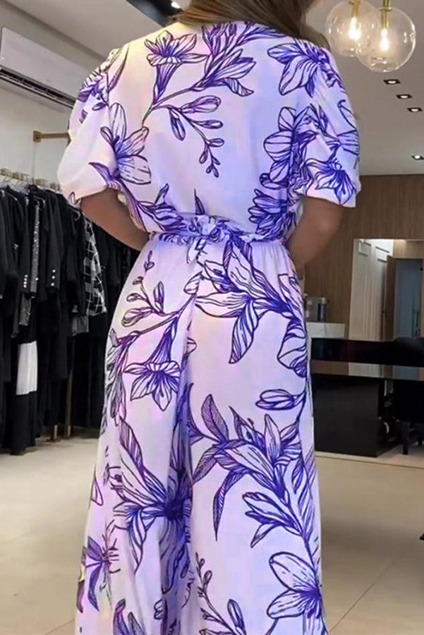 Fashion Pattern Print Elastic Waist  Pocketed Maxi Dress