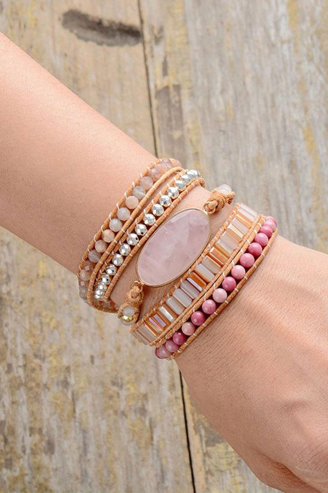 Boho Bracelet, 5 Layers Leather Wrap Bracelet, Pink Pastelà¸?Rhodonite