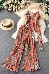 Vintage Two Piece Set, Boho Matching Top and  Pleated Pant, Gypsy Orange and Green